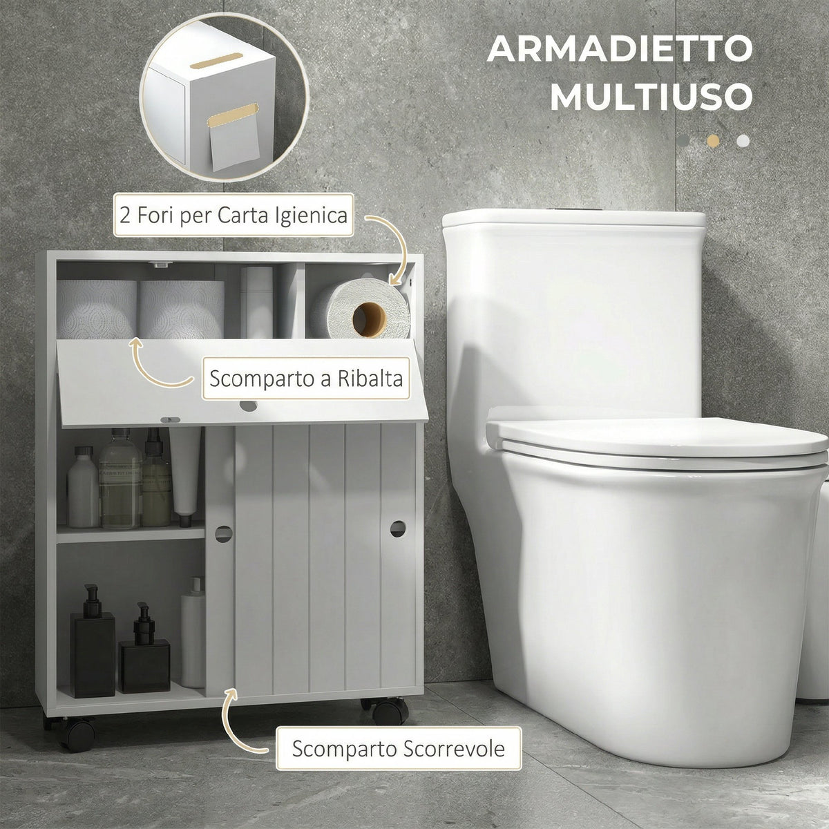 Mobile Bagno con Porta Rotolo e Ruote 52x17x67 cm