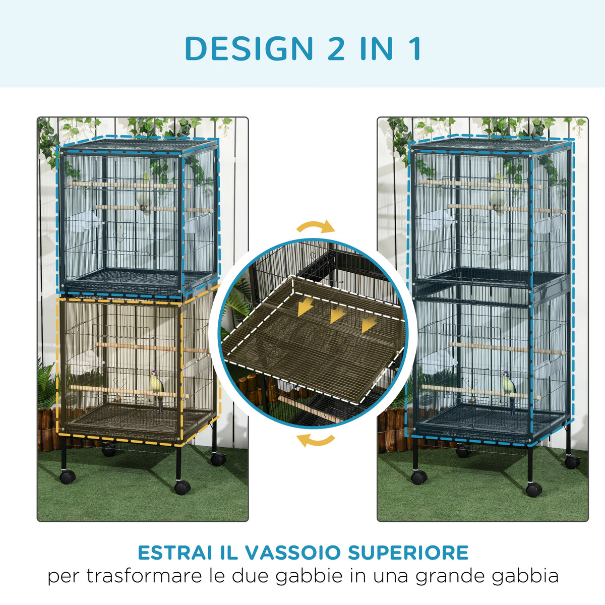 Voliera per Uccelli da Interno con Ruote e Vassoi