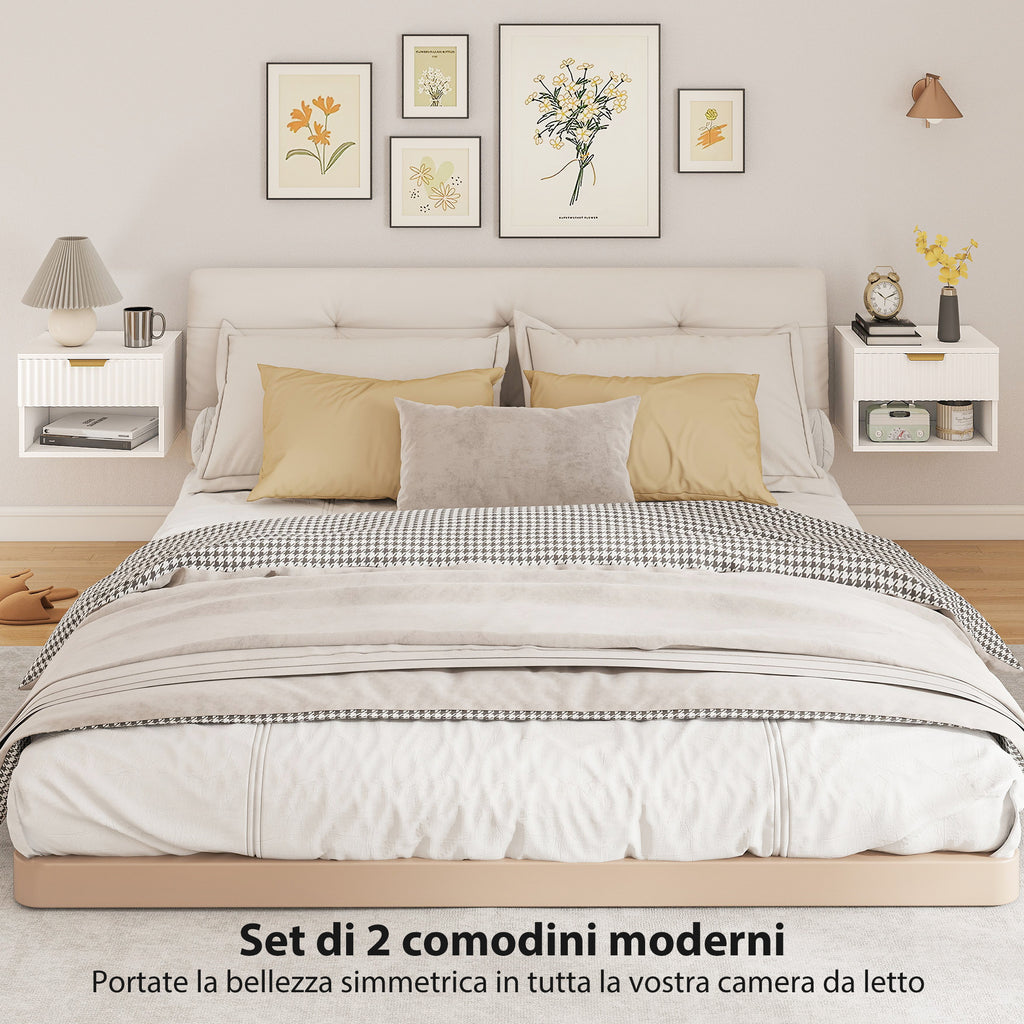 Set 2 Comodini Sospesi Bianchi con Cassetto Scanalato