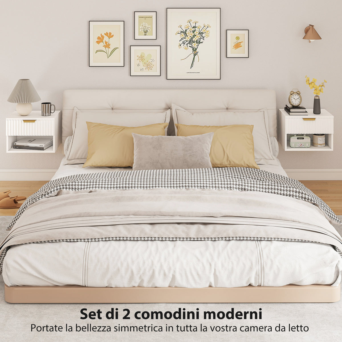 Set 2 Comodini Sospesi Bianchi con Cassetto Scanalato