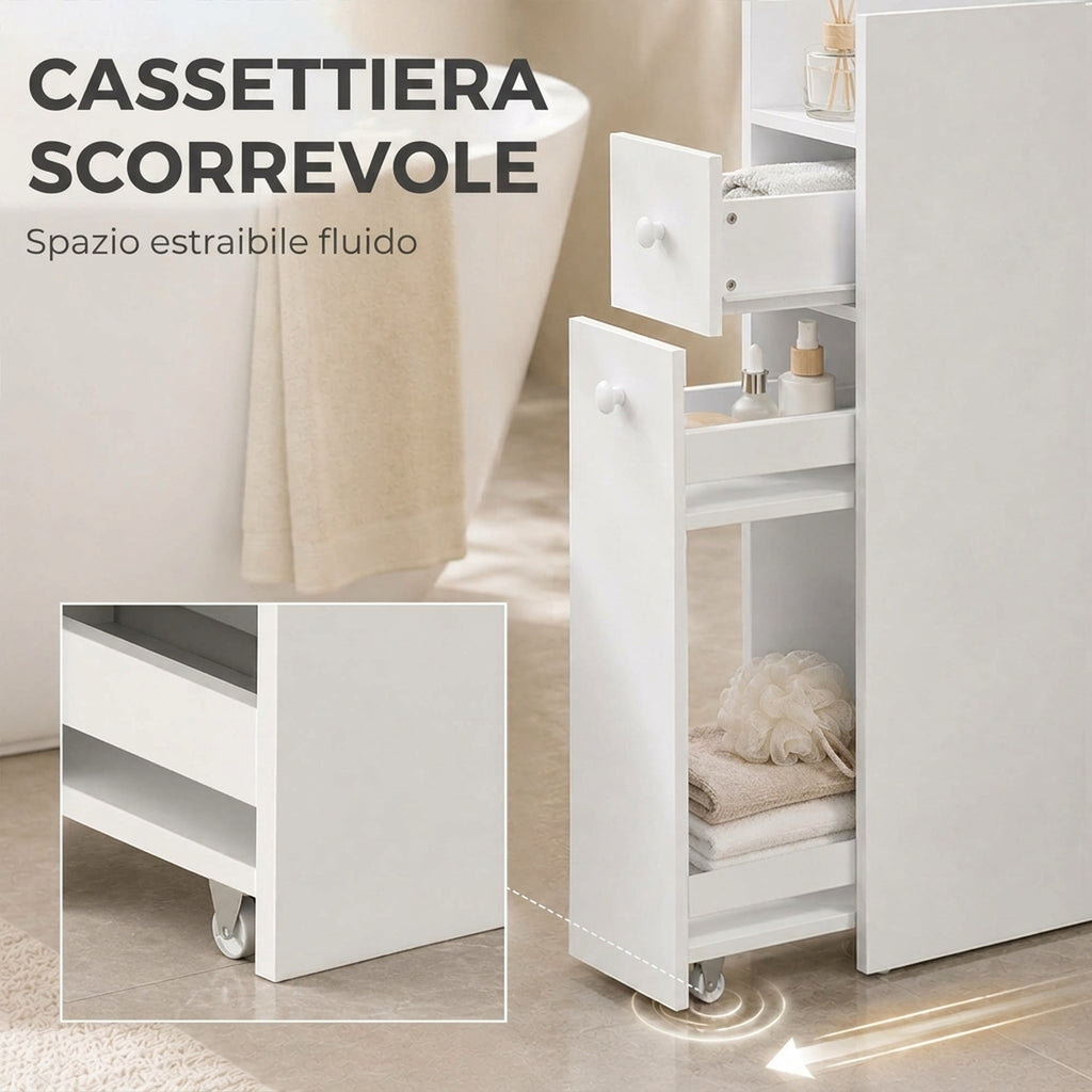Mobiletto Bagno Salvaspazio Bianco con Cassetti e Ruote