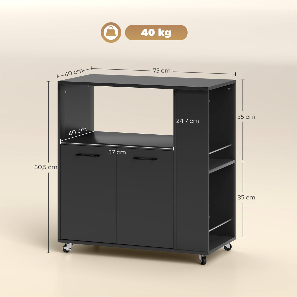 Carrello da Cucina in Legno Nero con Ripiano e Armadietto