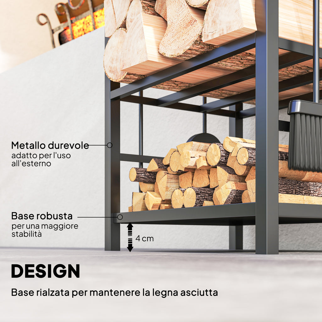 Portalegna con Attrezzi per Camino in Acciaio Nero