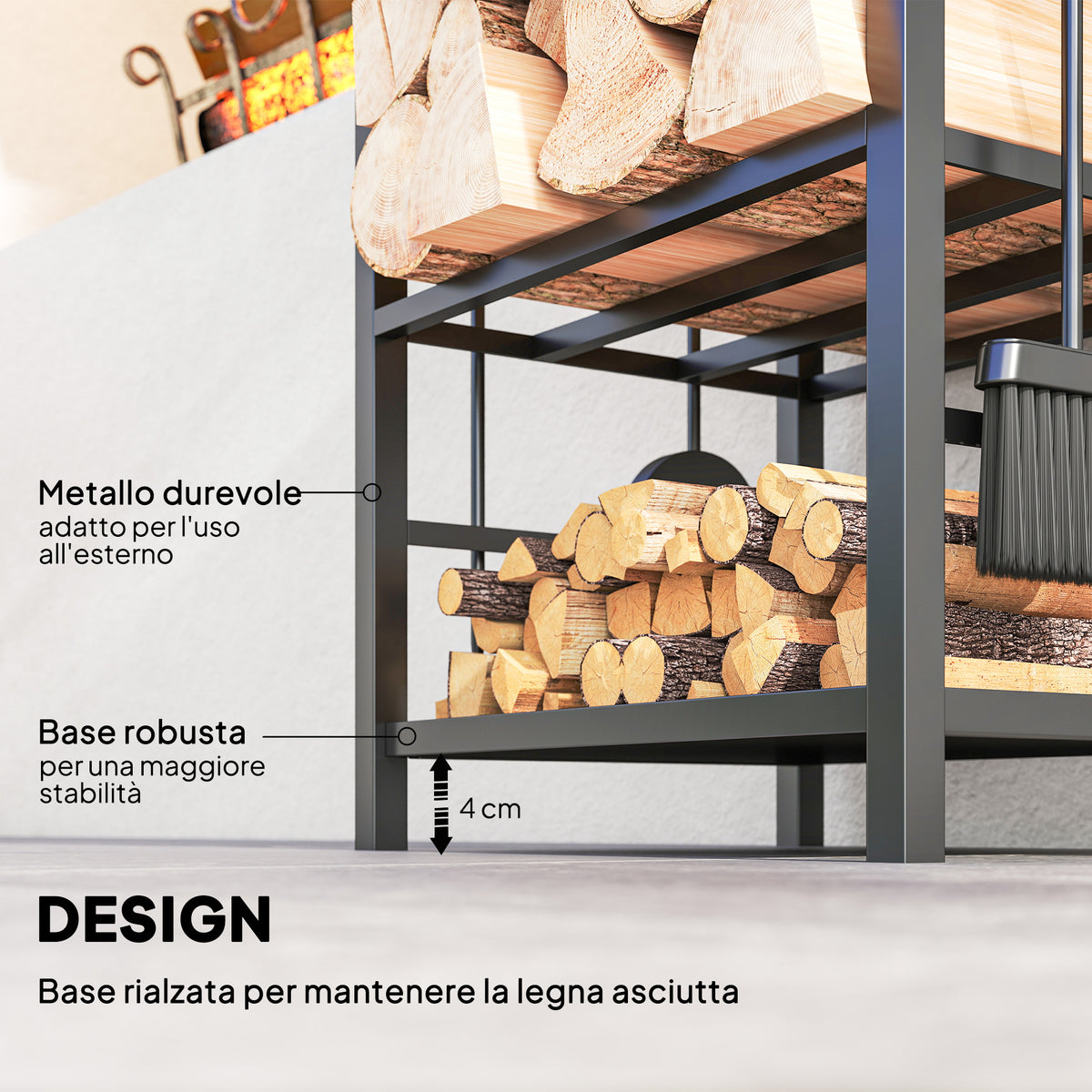 Portalegna con Attrezzi per Camino in Acciaio Nero