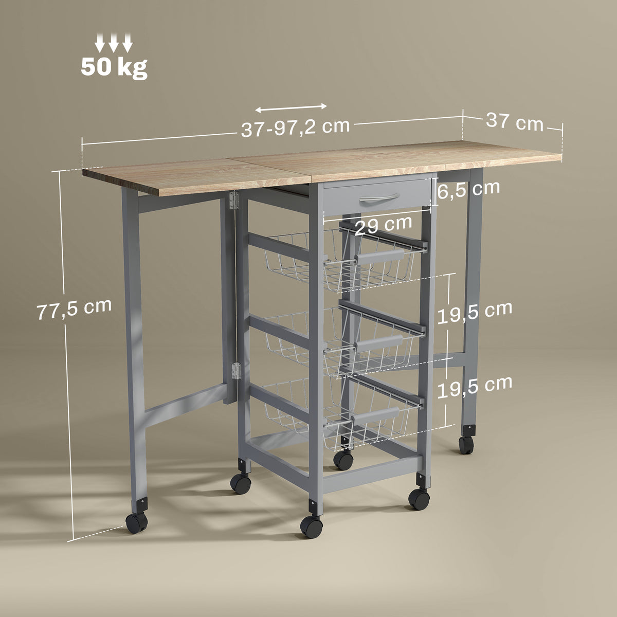 Carrello da Cucina Grigio e Rovere con 3 Cestini