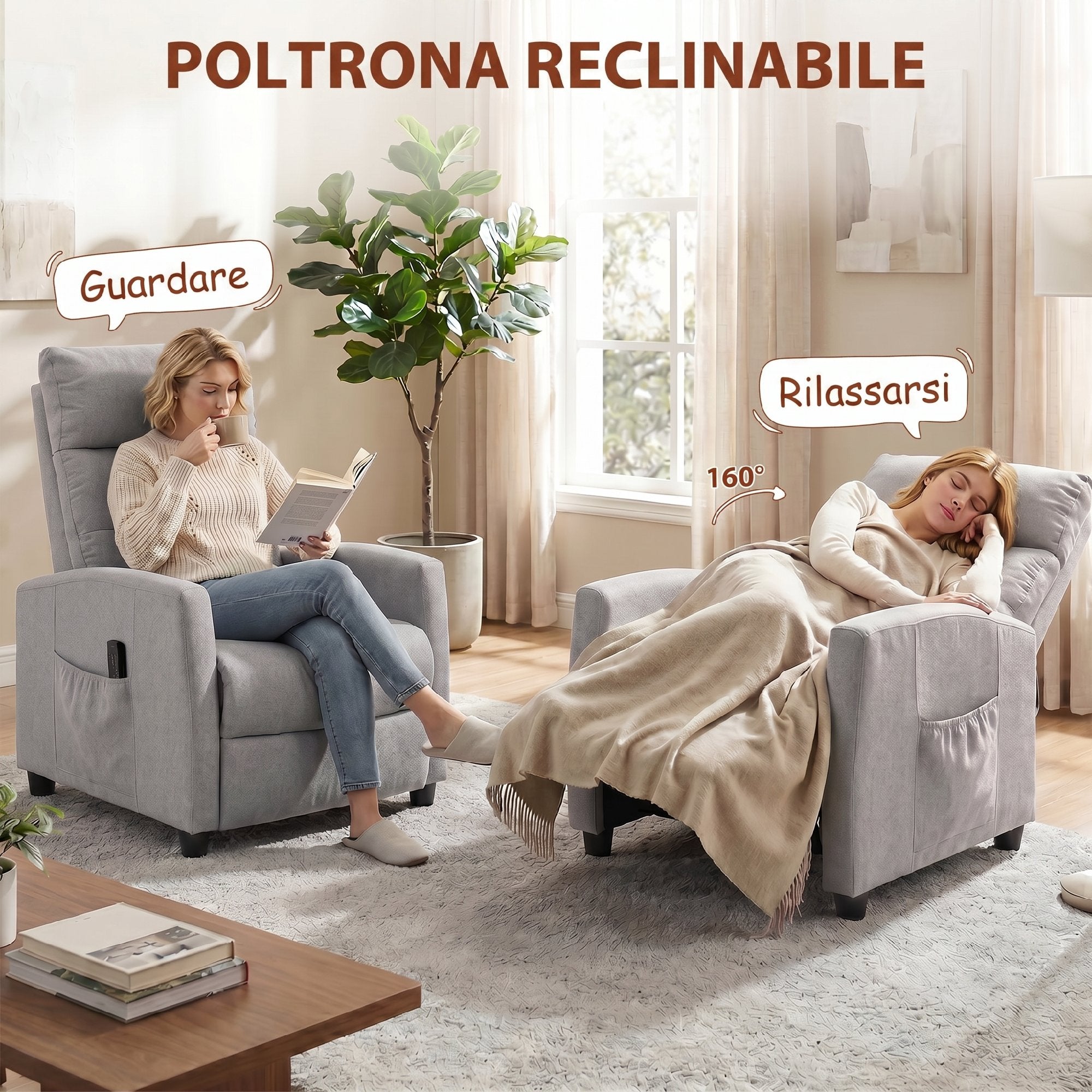 Poltrona Relax Massaggiante Reclinabile Manuale 160° in Ciniglia Grigio Chiaro