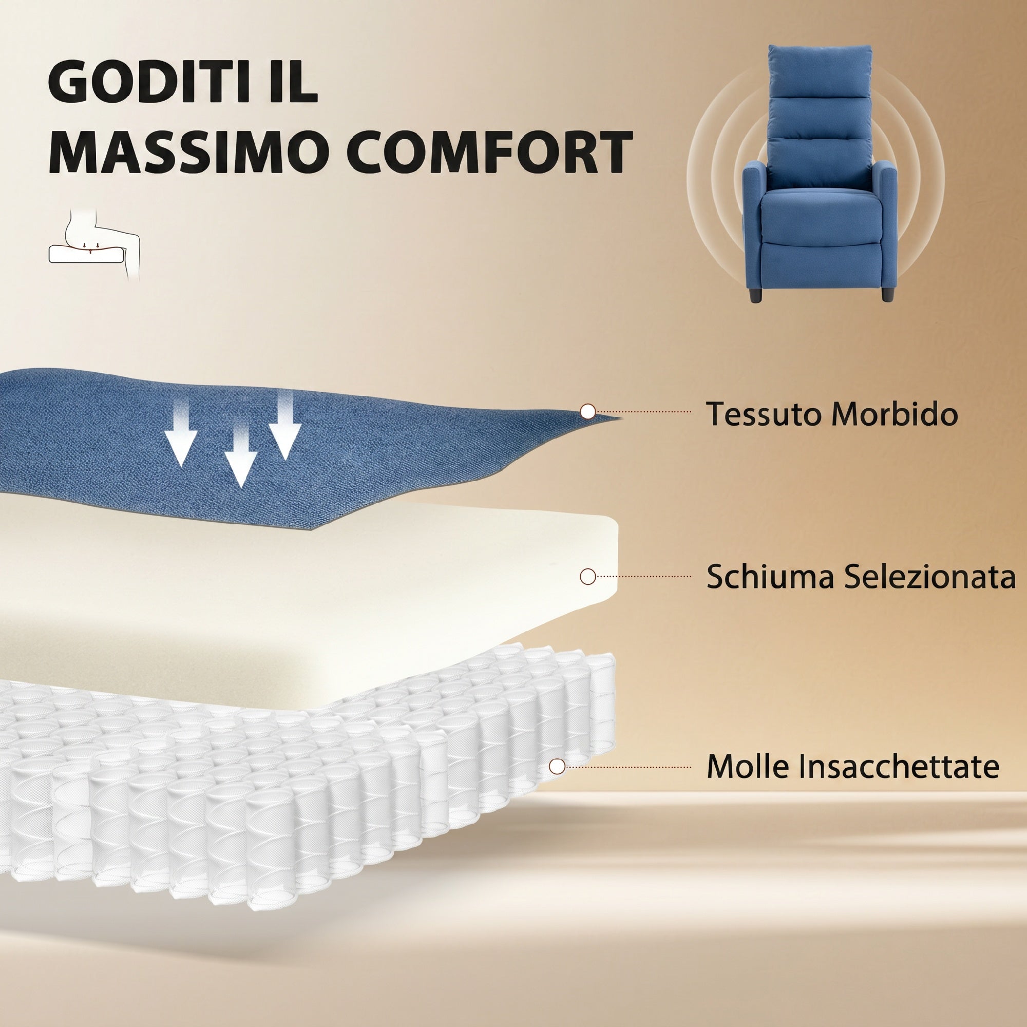 Poltrona Relax Massaggiante Reclinabile Manuale 160° in Ciniglia Blu Scuro