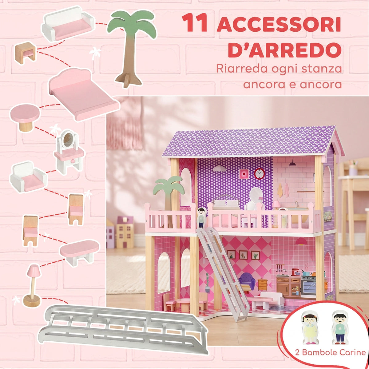 Casa delle Bambole in Legno Rosa con 11 Mobili