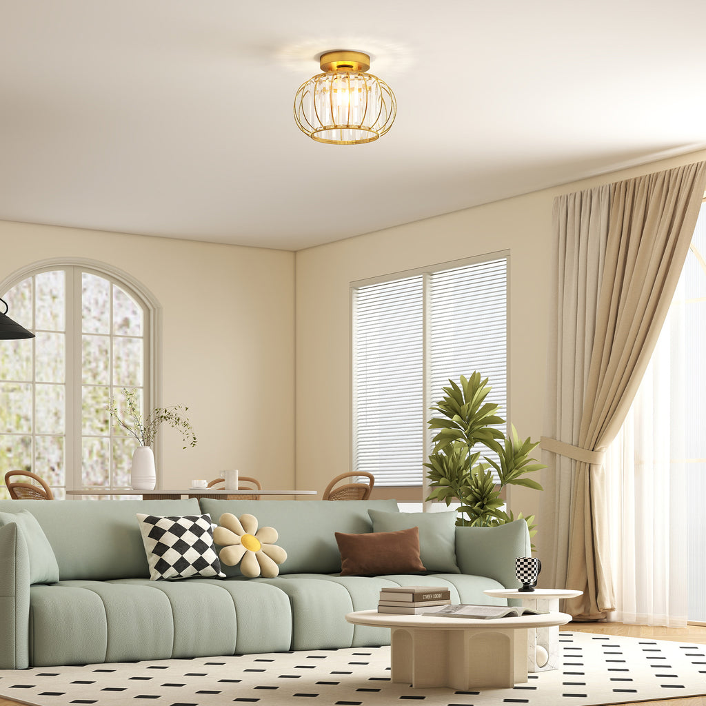 Plafoniera LED Oro con 18 Cristalli e Design a Gabbia