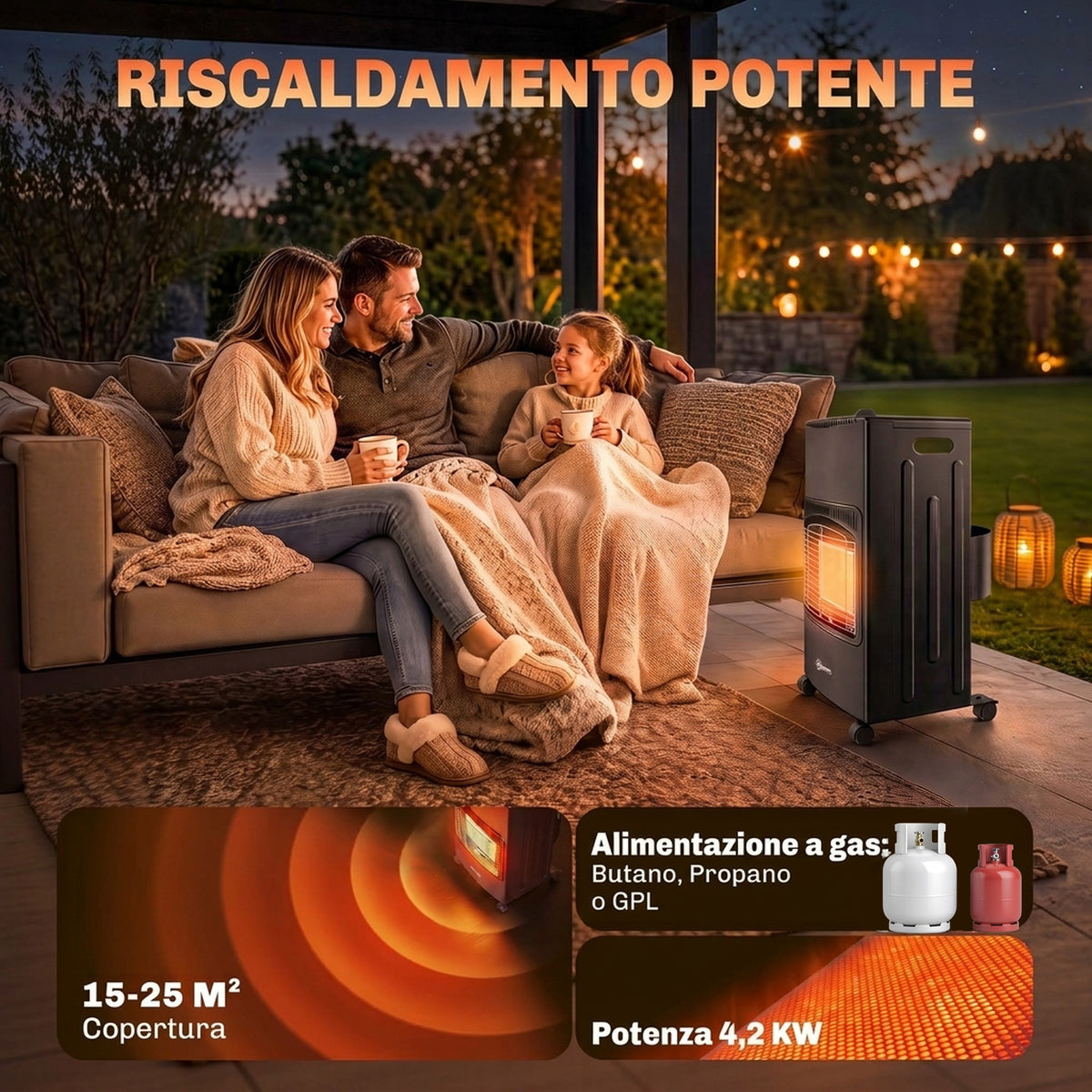 Stufa a Gas 4,2 kW con 3 Livelli di Calore e Sicurezza