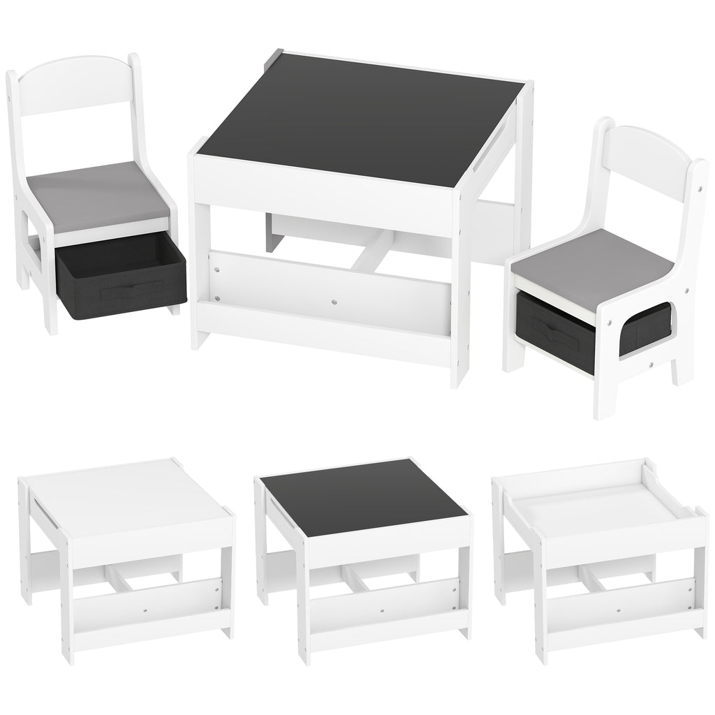 Set Tavolino per Bambini con 2 Sedie, Lavagna 2 in 1 e Contenitori