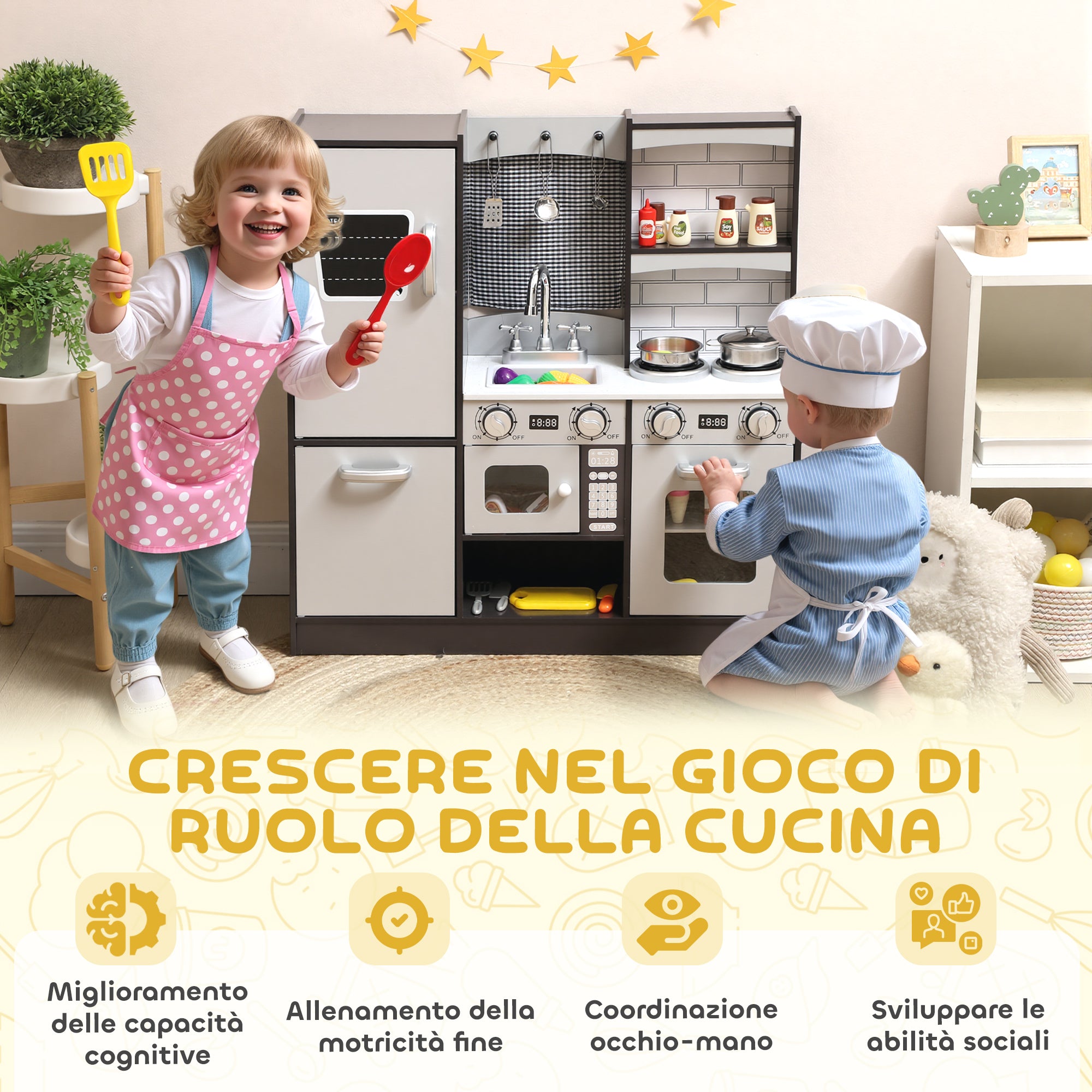 Cucina Giocattolo in Legno per Bambini con Frigo, Lavandino e Accessori