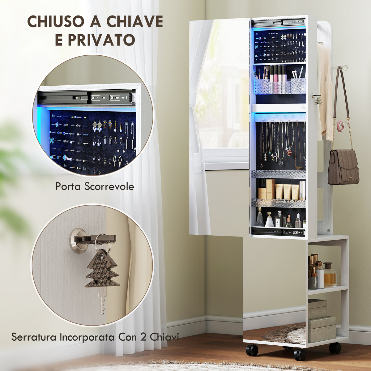Armadio Portagioie Girevole 360° con Specchio LED