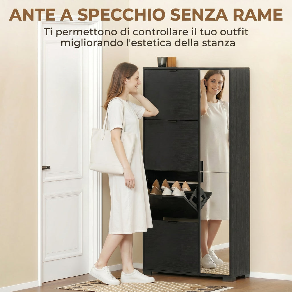 Scarpiera Nera con Specchio e 4 Cassetti Ribaltabili