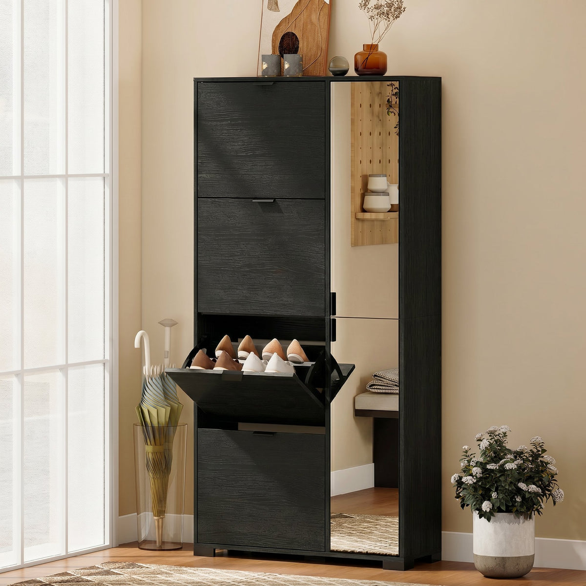 Scarpiera Nera con Specchio e 4 Cassetti Ribaltabili
