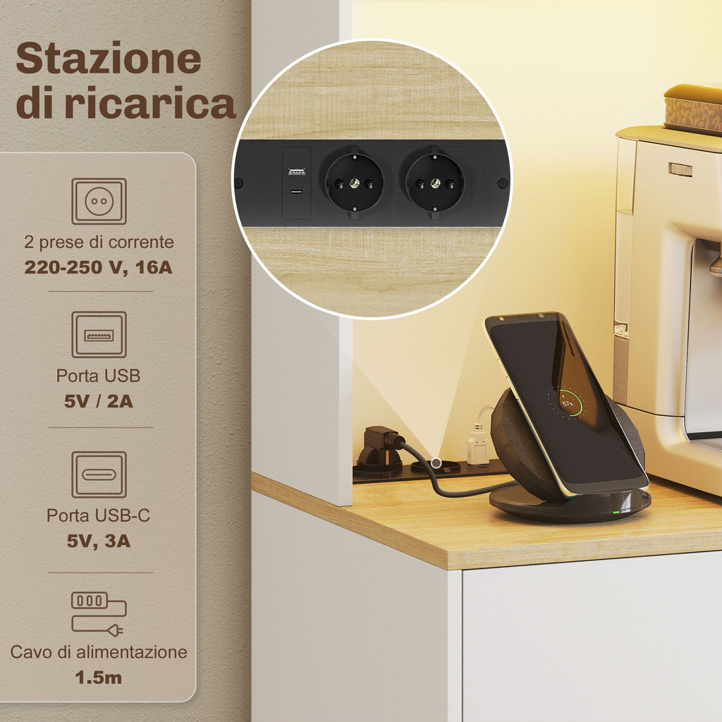 Credenza Moderna con Luci LED, Prese Elettriche e USB, 2 Armadietti e Cassetto