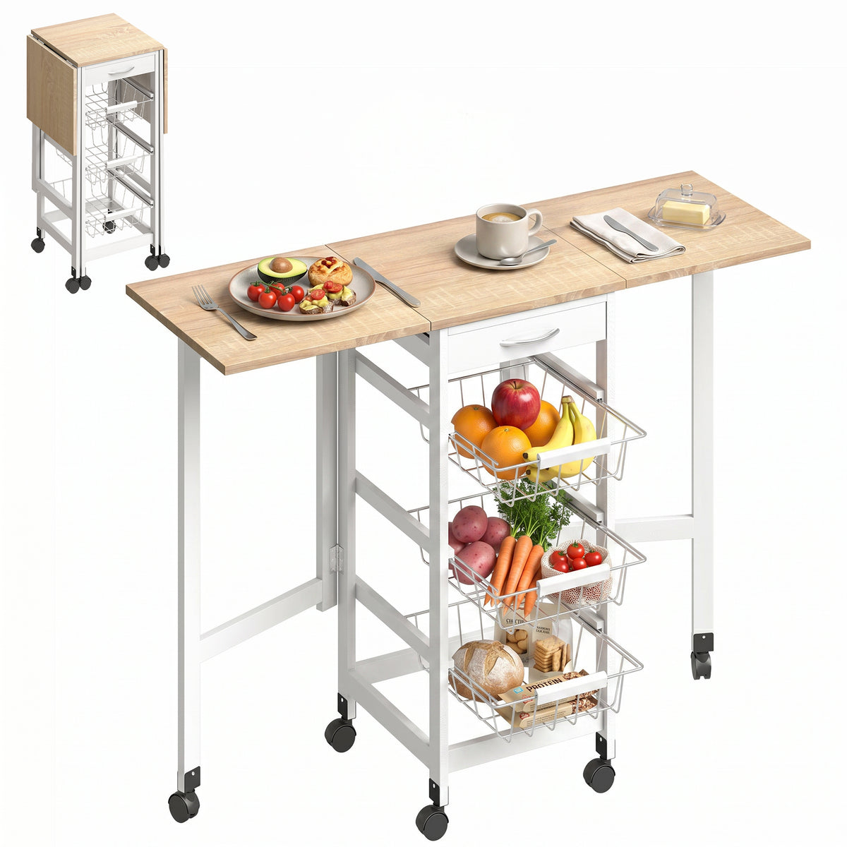 Carrello da Cucina con 3 Cestini e Cassetto