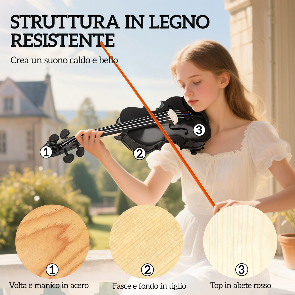 Violino 4/4 in Legno di Abete e Acero con Custodia e Accessori Nero