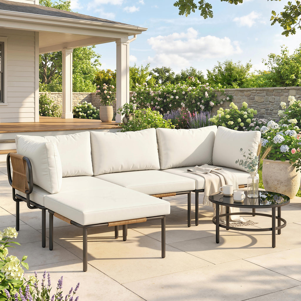Set Salotto da Giardino 5 Pezzi in Rattan Componibile con Cuscini Cachi