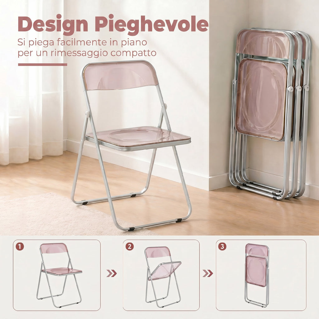 Set 4 Sedie Pieghevoli Trasparenti Rosa in Acrilico