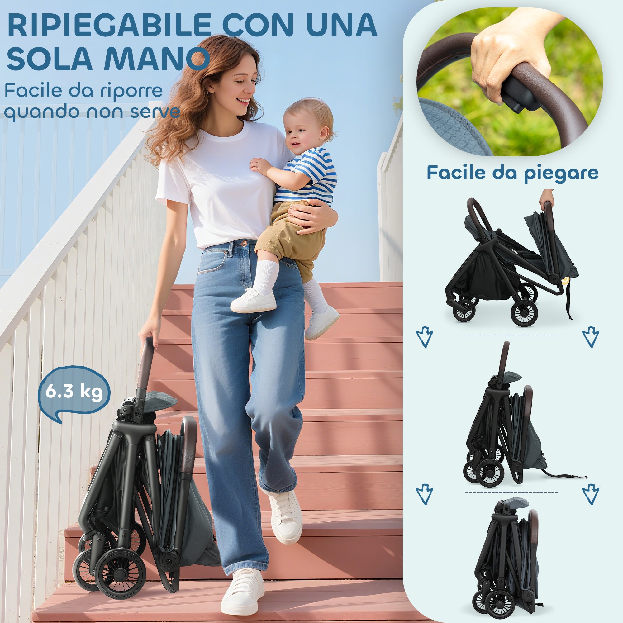 Passeggino Pieghevole per Bambini con Schienale Reclinabile e Capote Parasole