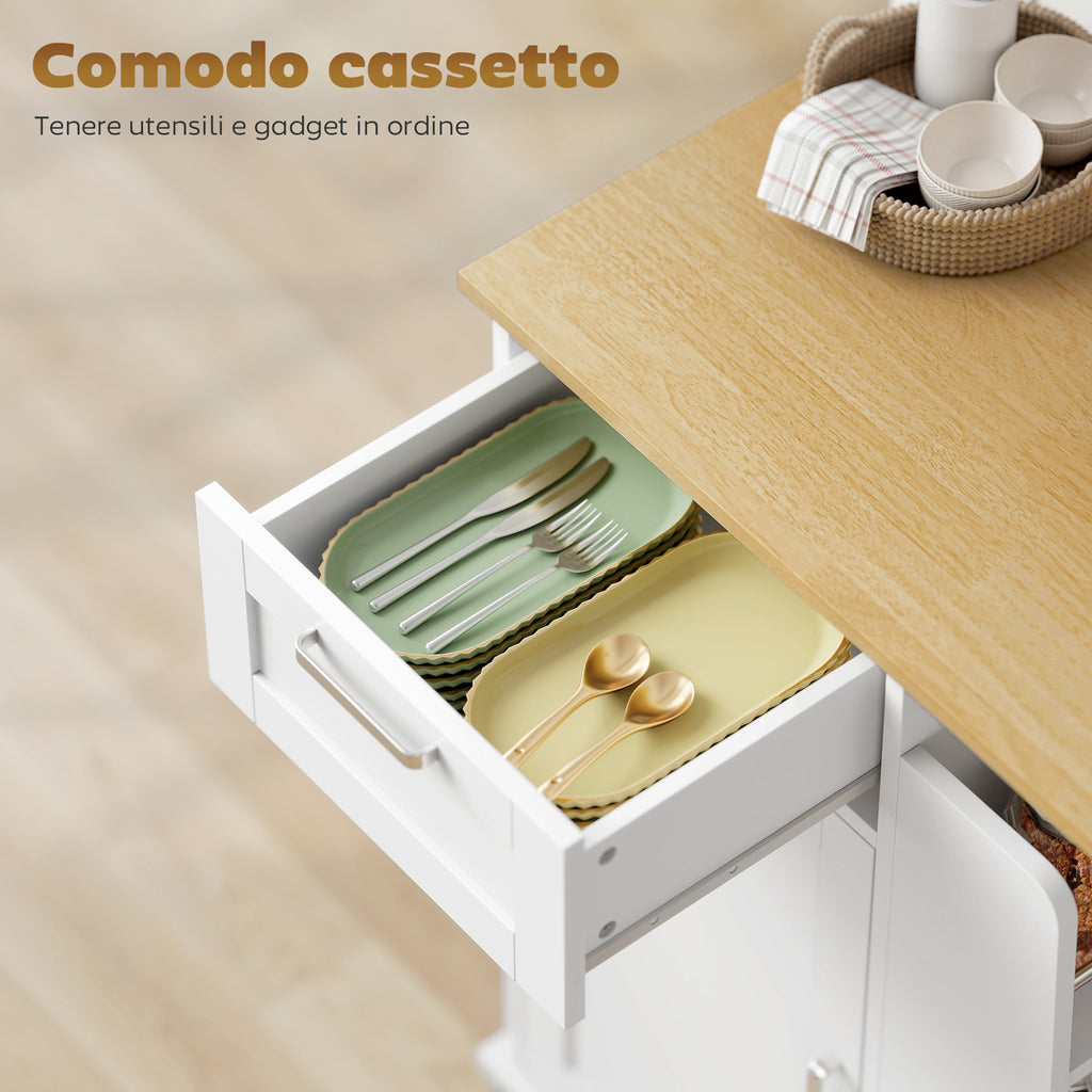 Carrello da Cucina Bianco con Portaspezie e Portasciugamani