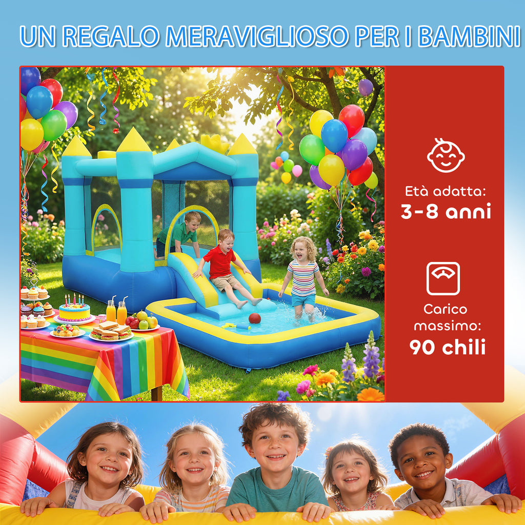 Castello Gonfiabile per Bambini con Scivolo, Trampolino, Piscina e Canestro