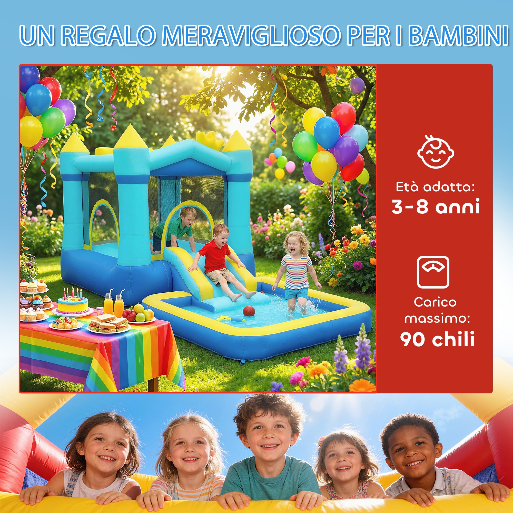 Castello Gonfiabile per Bambini con Scivolo, Trampolino, Piscina e Canestro