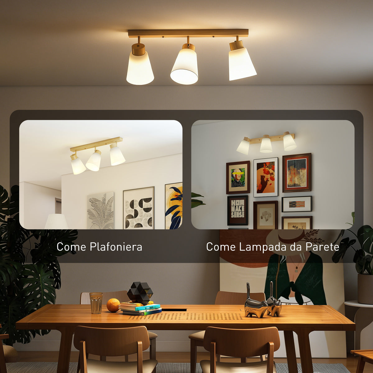 Lampadario da Soffitto 3 Punti Luce Color Legno
