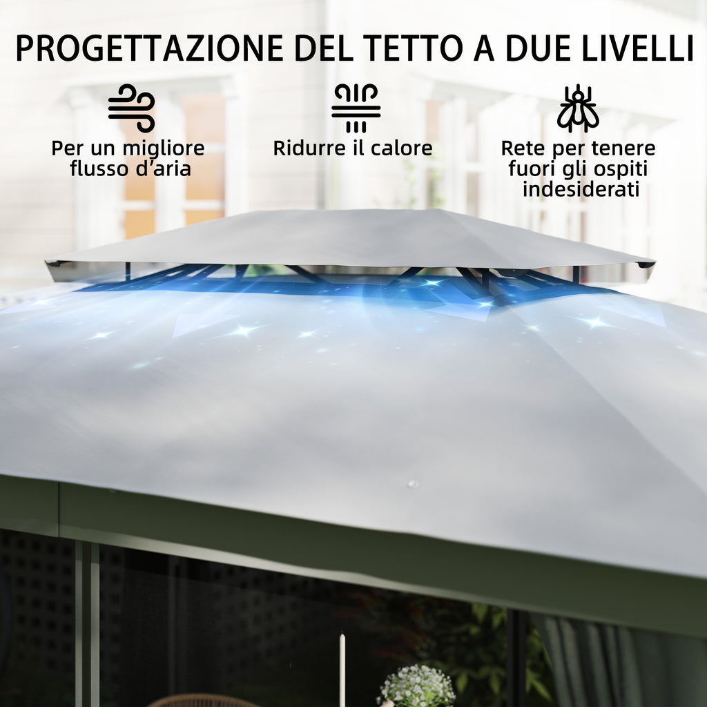 Gazebo da Giardino 3,8 x 3 m con Doppio Tetto e Tende Laterali