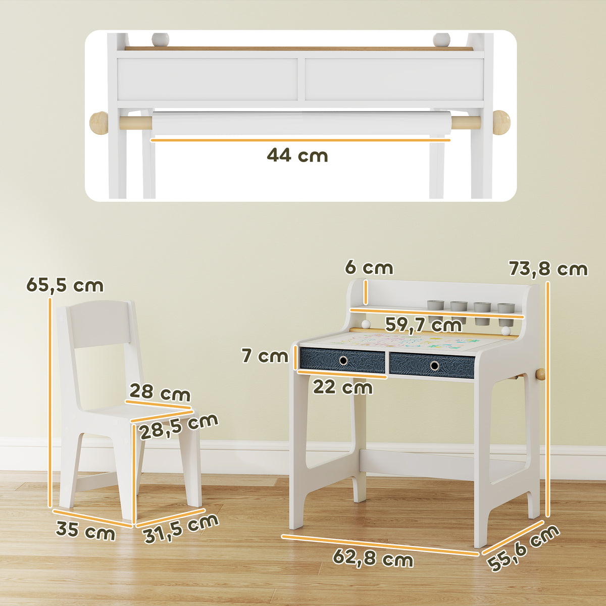 Scrivania con Sedia per Bambini e 2 Cassetti