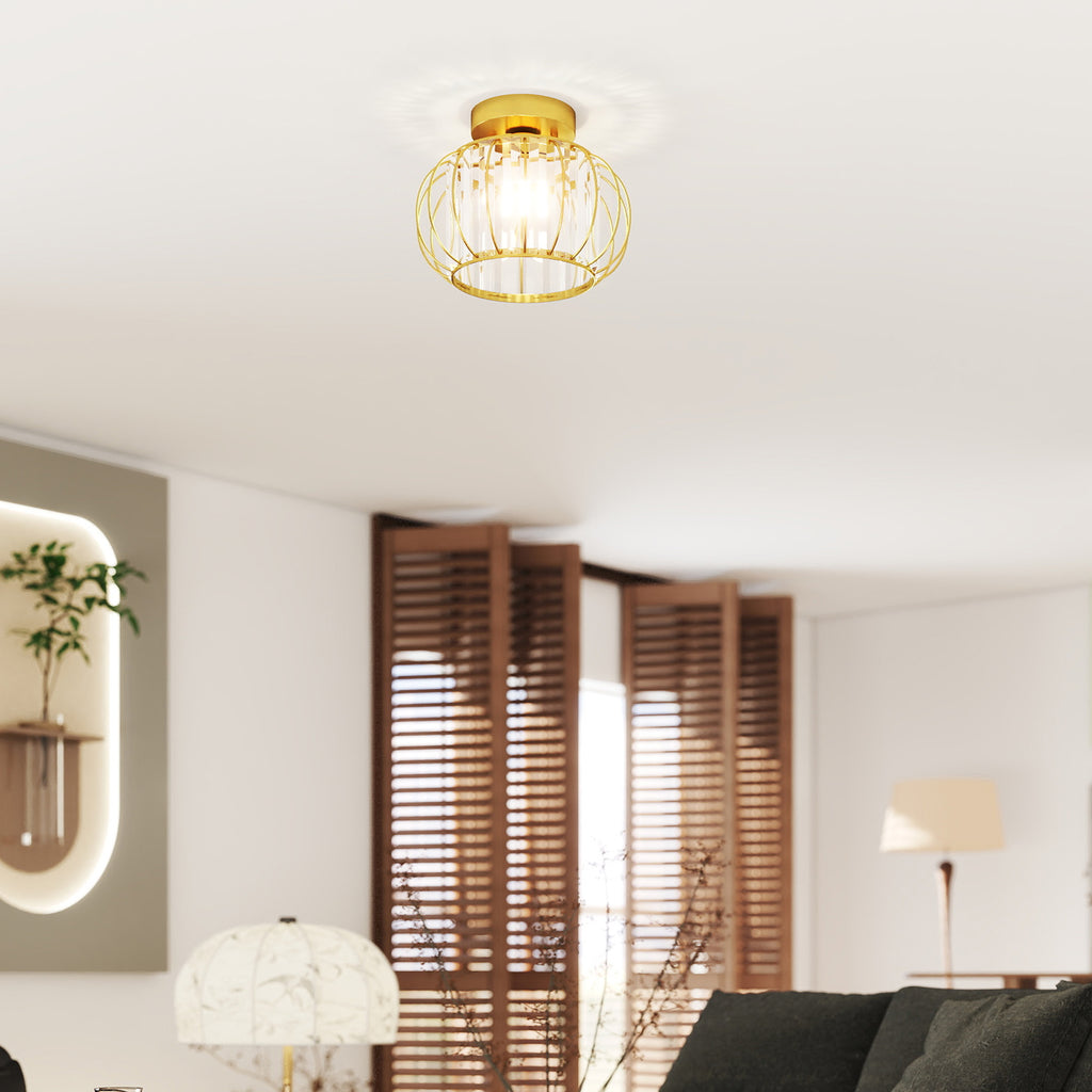 Plafoniera LED Oro con 18 Cristalli e Design a Gabbia
