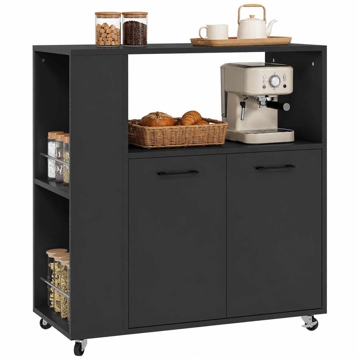 Carrello da Cucina in Legno Nero con Ripiano e Armadietto