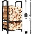 Portalegna con Attrezzi per Camino in Acciaio Nero