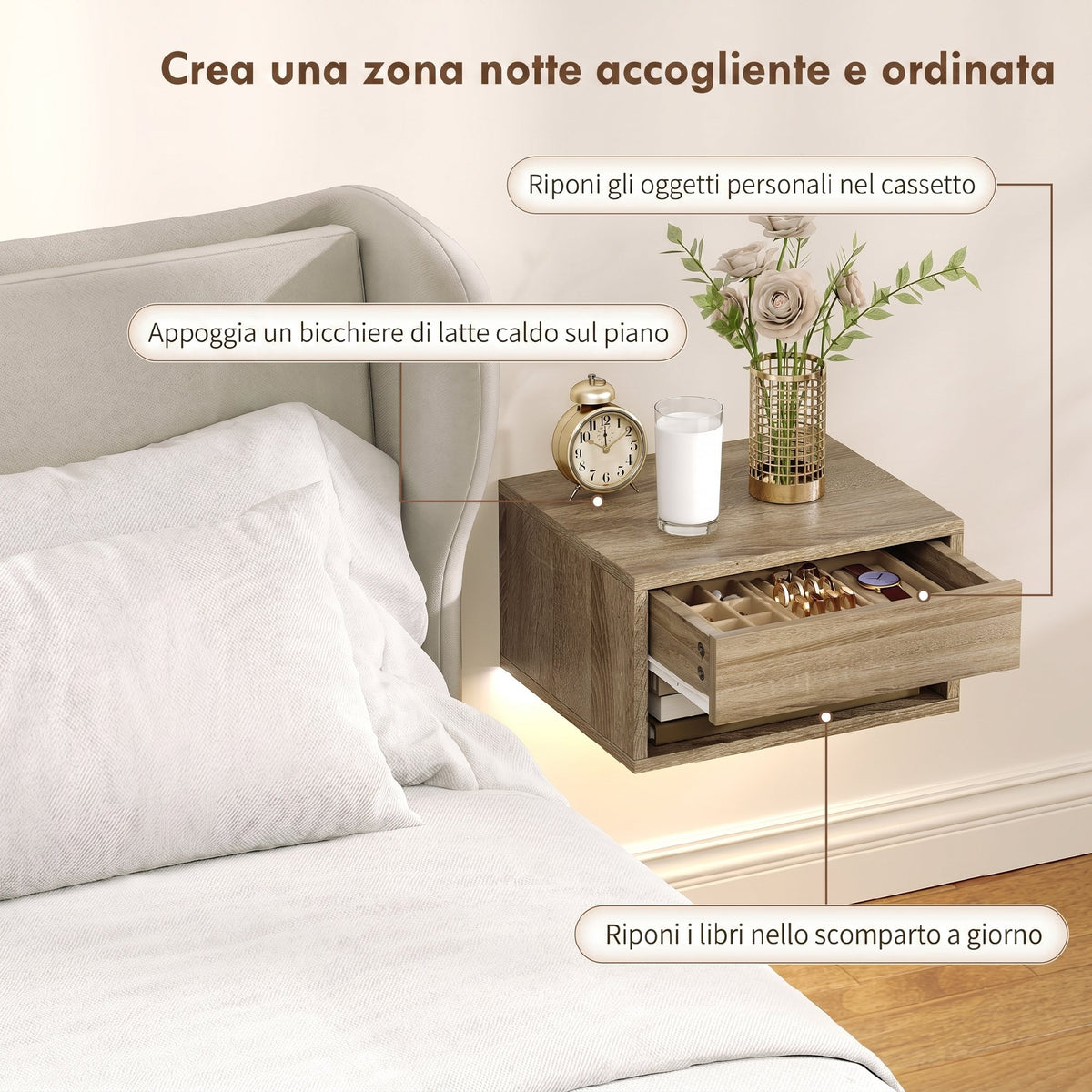 Set 2 Comodini Sospesi con LED RGB e Cassetto