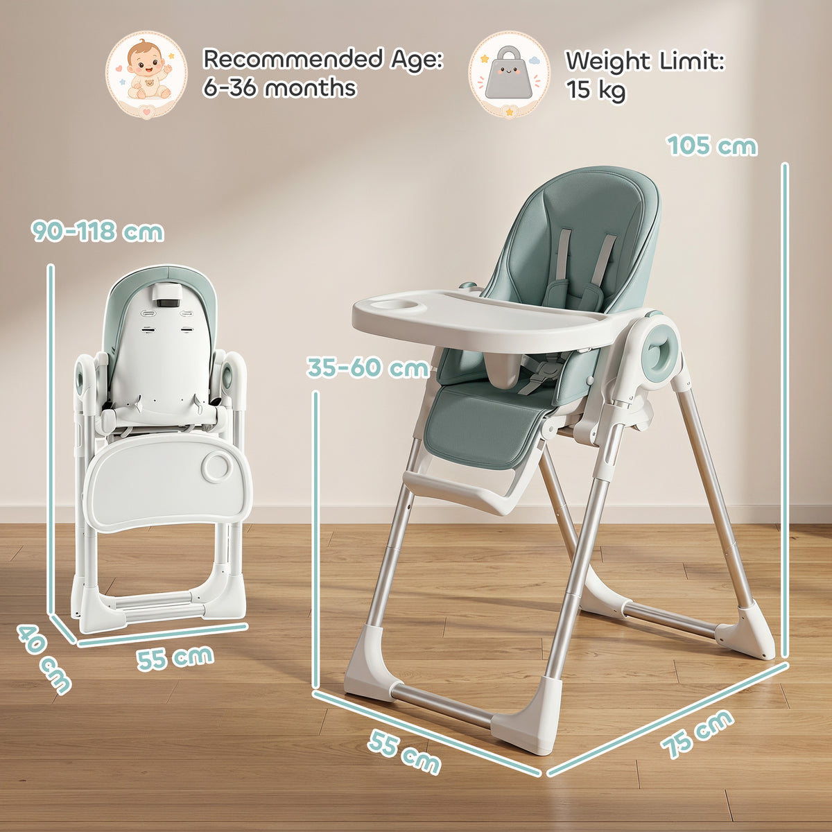 Seggiolone Pappa Pieghevole Regolabile 6-36 Mesi