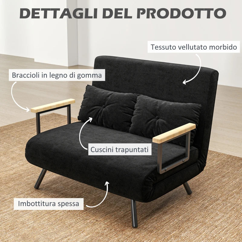 Divano Letto 3 in 1 in Tessuto Effetto Velluto con Schienale Regolabile Nero