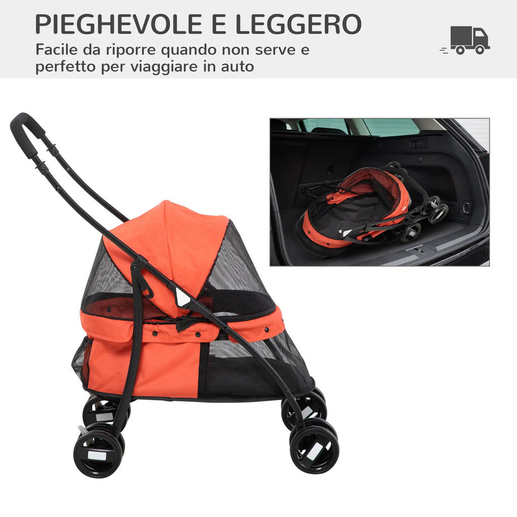 Passeggino Pieghevole per Cani con Tettuccio Regolabile, Borsa Portaoggetti e due Guinzagli