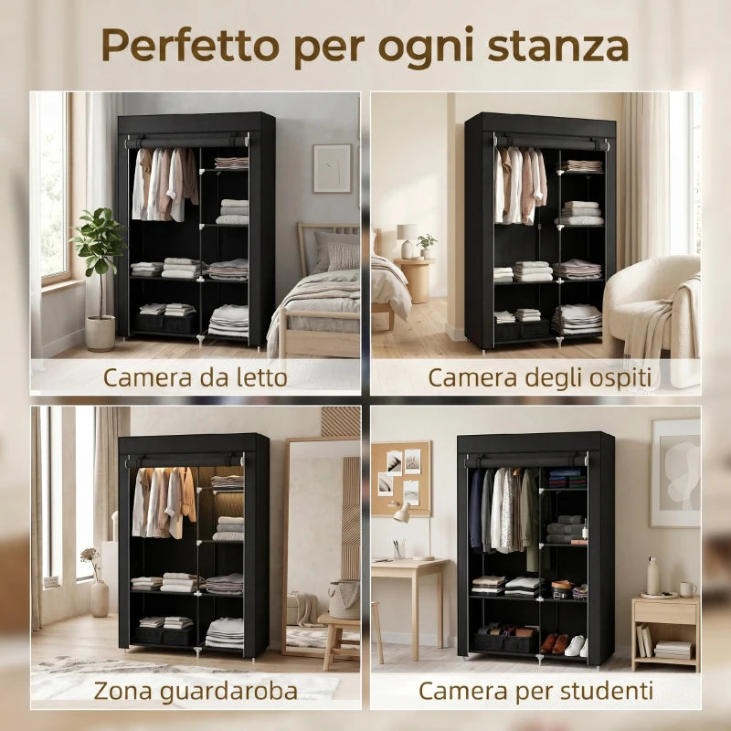 Armadio Guardaroba Portatile in Tessuto con 6 Ripiani e Barra Appendiabiti Nero