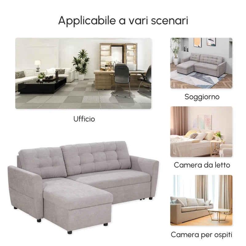 Divano Letto Angolare 3 Posti con Chaise Longue Contenitore in Tessuto Effetto Lino Grigio