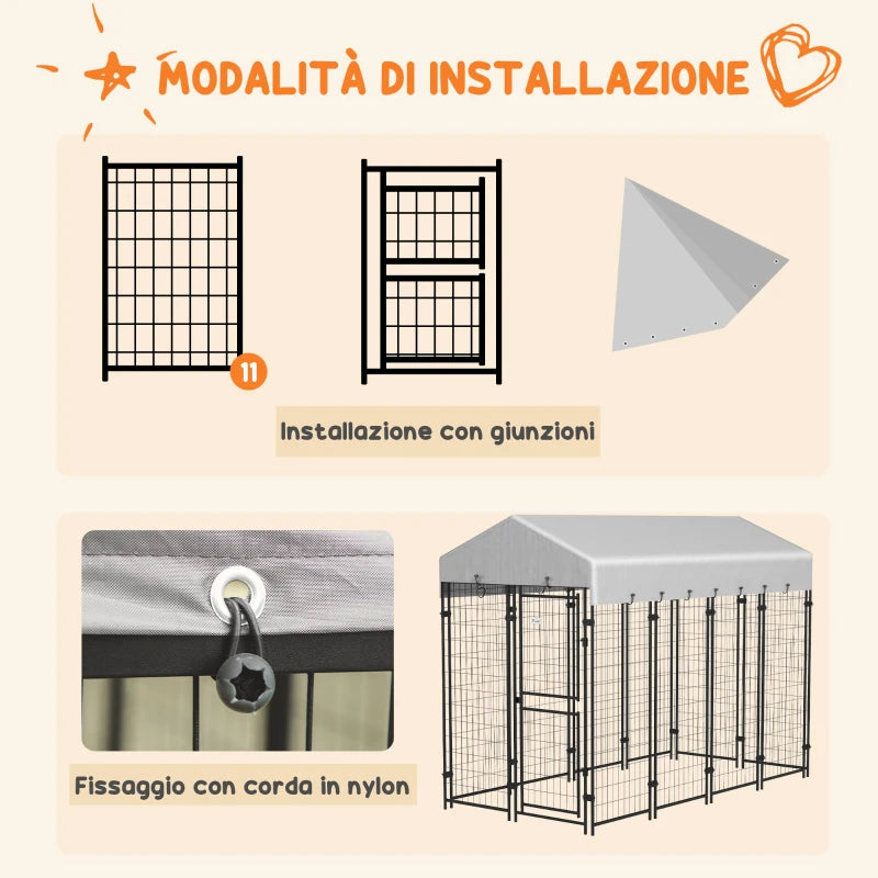 Recinto per Cani da Esterno con Tetto e Porta a 2 Sezioni in Metallo