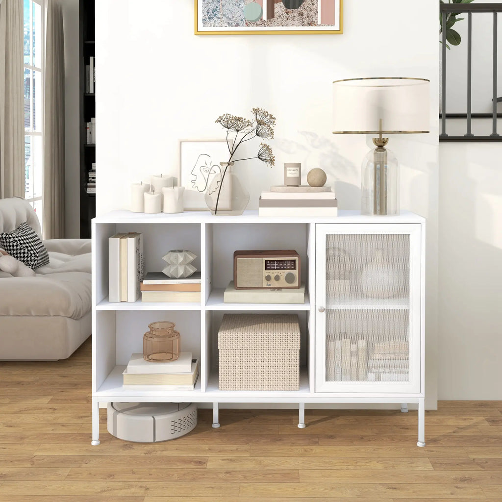 Buffet Moderno con 4 Ripiani Aperti e Armadietto in Legno e Acciaio 120 x 37 x 81,5 cm