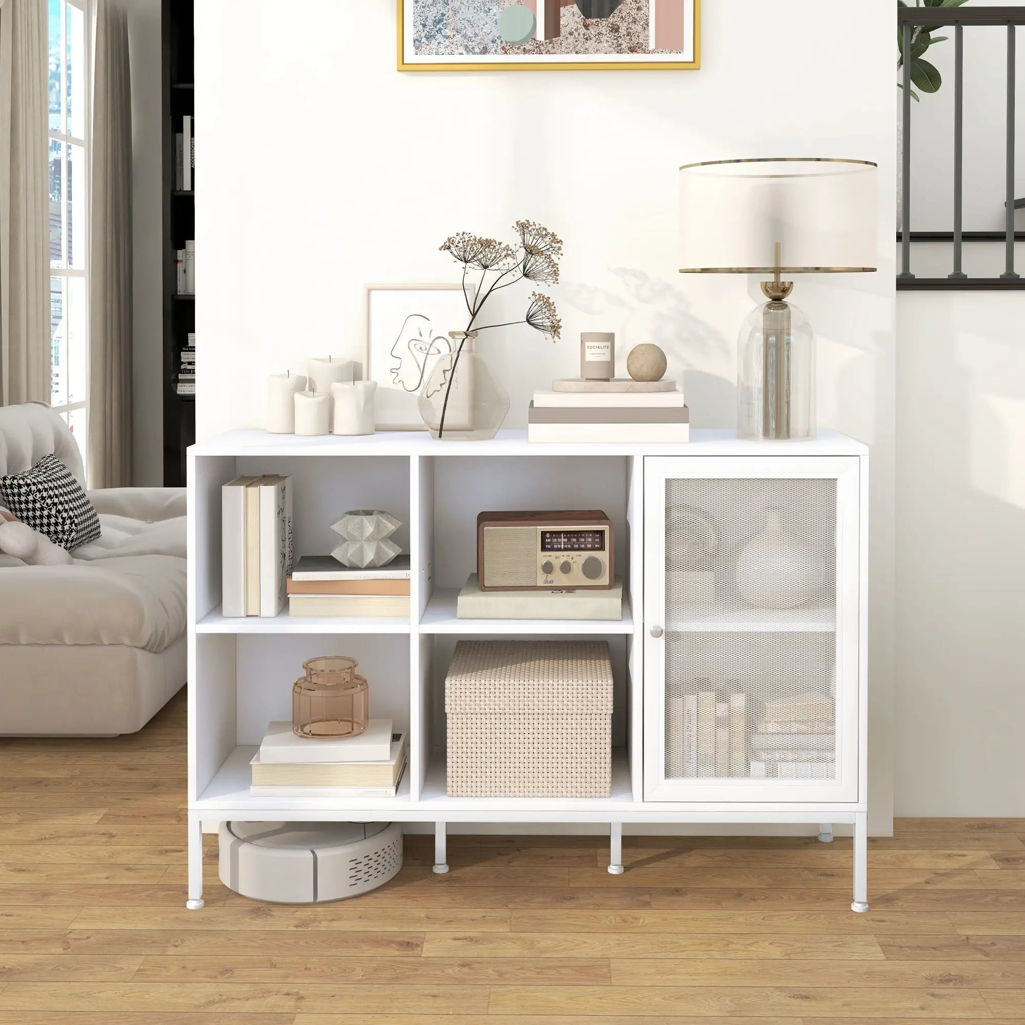 Buffet Moderno con 4 Ripiani Aperti e Armadietto in Legno e Acciaio 120 x 37 x 81,5 cm