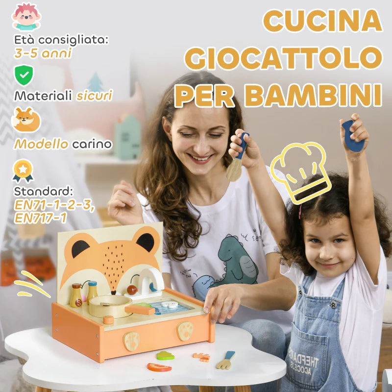 Cucina Giocattolo in Legno per Bambini con Fornello e 12 Accessori