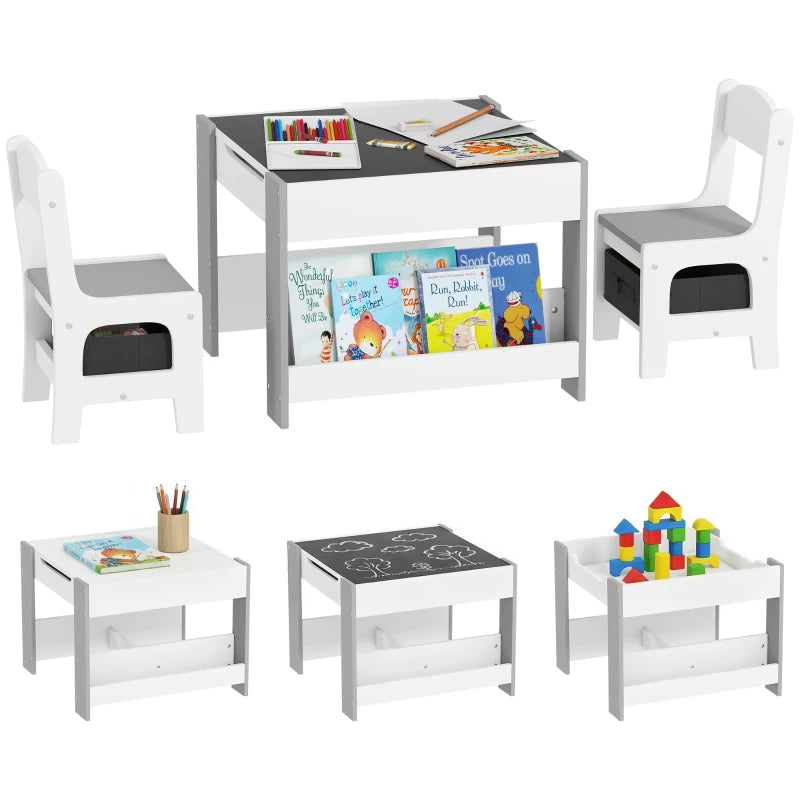 Set Tavolino per Bambini con 2 Sedie, Lavagna 2 in 1 e Contenitori