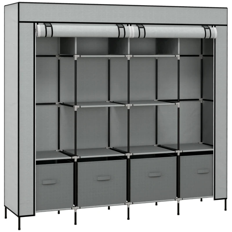 Armadio Guardaroba Portatile in Tessuto con 4 Ripiani e 2 Barre Appendiabiti Grigio