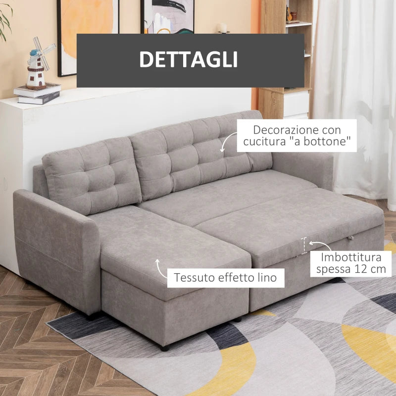 Divano Letto Angolare 3 Posti con Chaise Longue Contenitore in Tessuto Effetto Lino Grigio