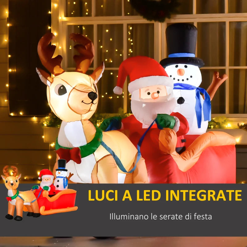 Babbo Natale Gonfiabile con Slitta, Renna e Pupazzo di Neve