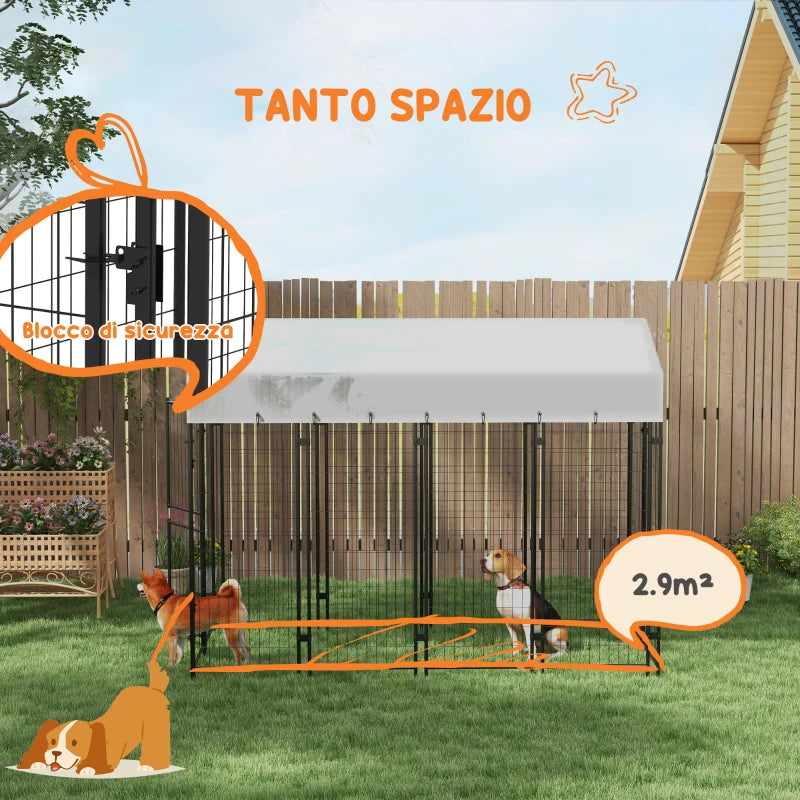 Recinto per Cani da Esterno con Tetto e Porta a 2 Sezioni in Metallo