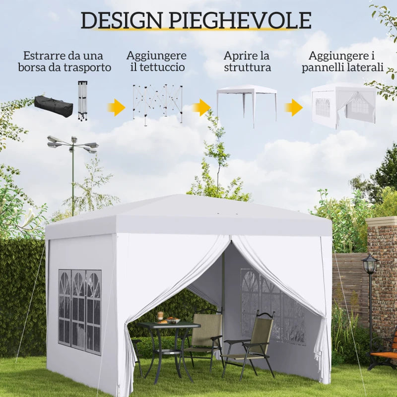 Gazebo Pieghevole Impermeabile 3x3 m con 4 Pannelli Laterali Bianco